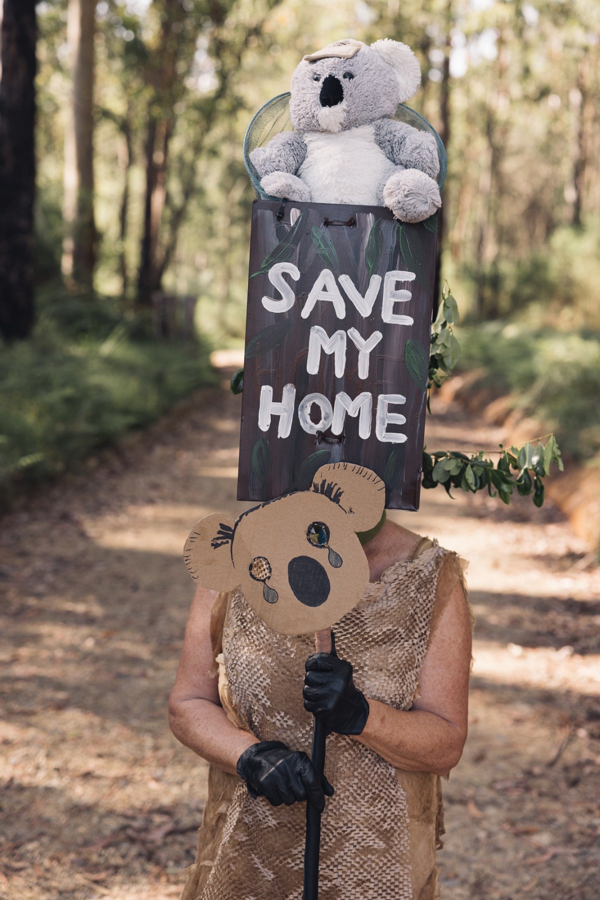 a peaceful protestor holding a 'save my home' poster with koalas on it